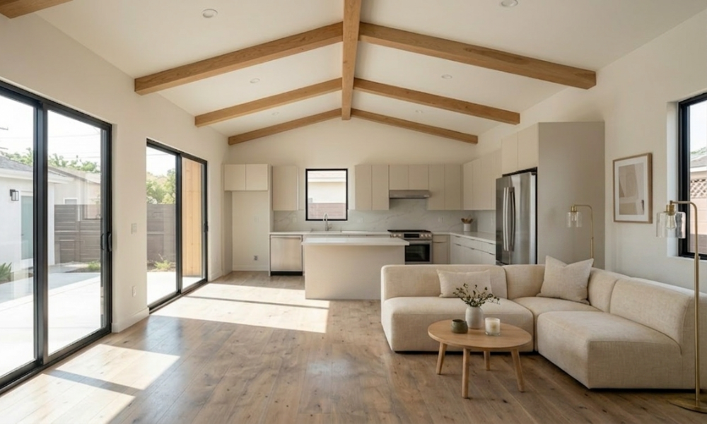 ADU open concept interior with vaulted ceiling by Luz Builders in Los Angeles