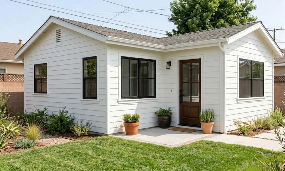 Completed ADU exterior with white lap siding and black frame windows - Los Angeles