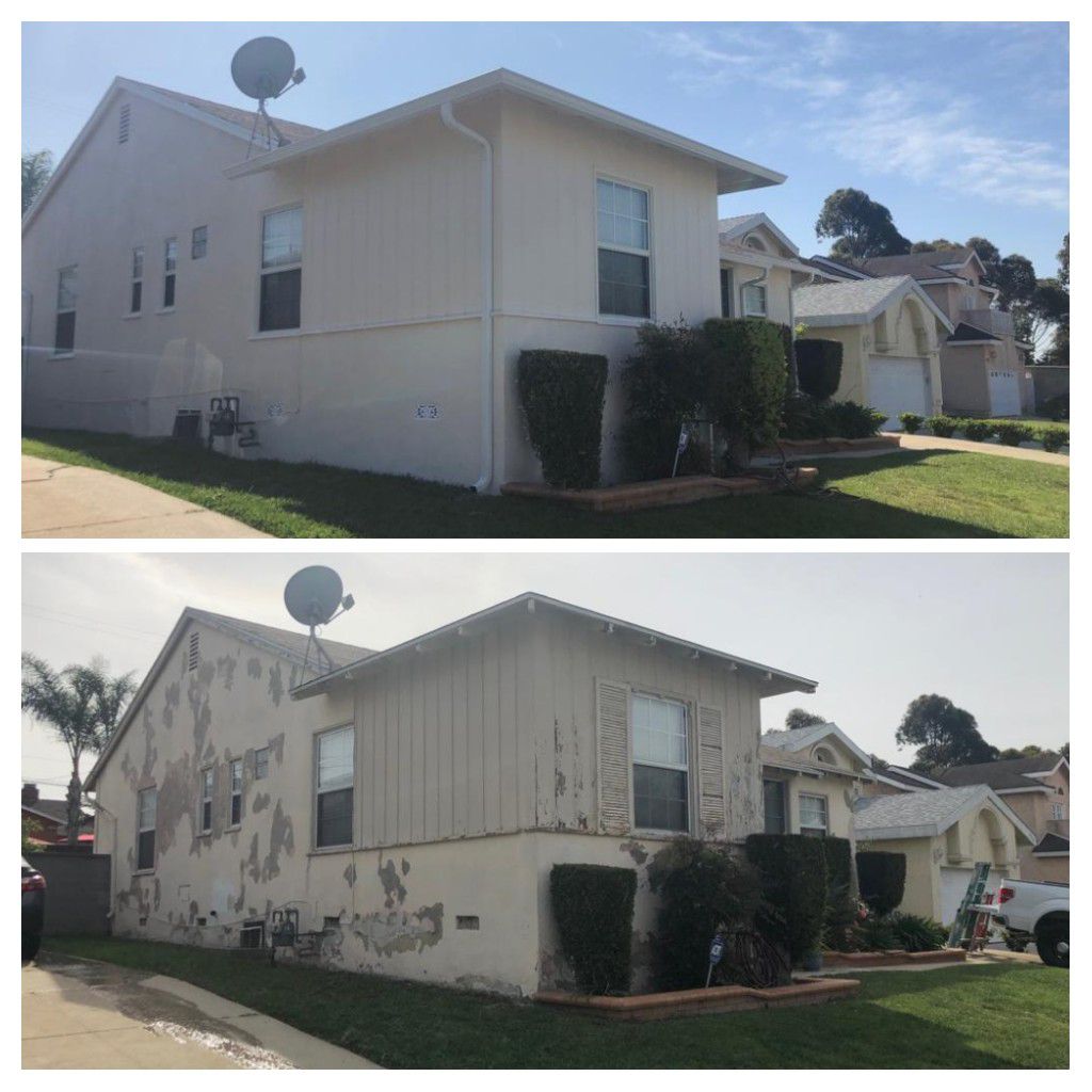 Home exterior remodel before and after - stucco repair and fresh paint in Los Angeles