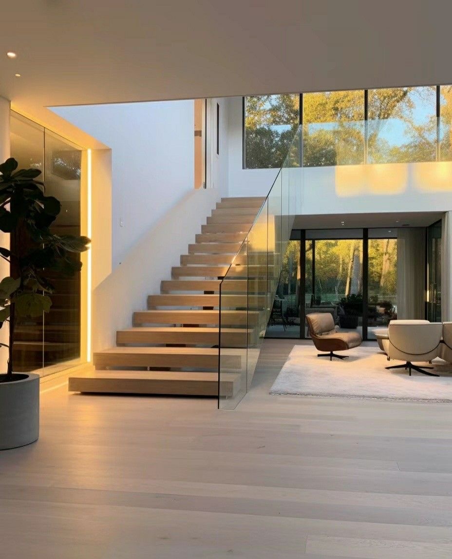 Modern home interior with floating stairs